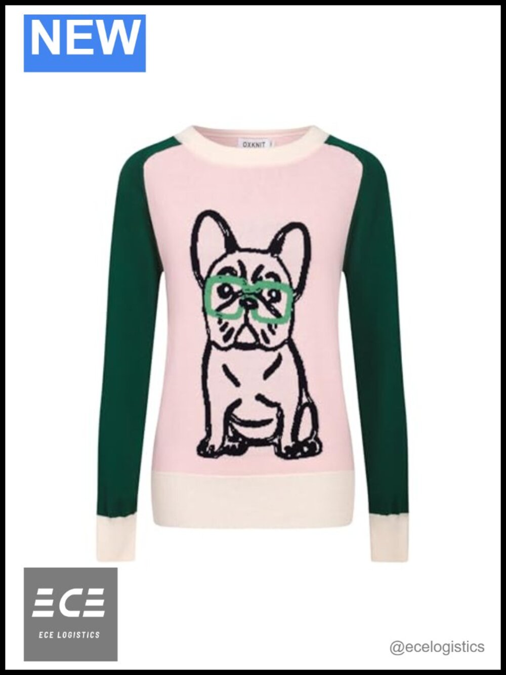 Women's Retro French Bulldog Jacquard Knit Long Sleeve Cotton T-Shirt
